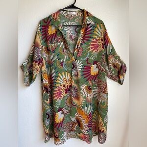 Ekouaer Emerald Green Floral Print Button-Up Top Size XL